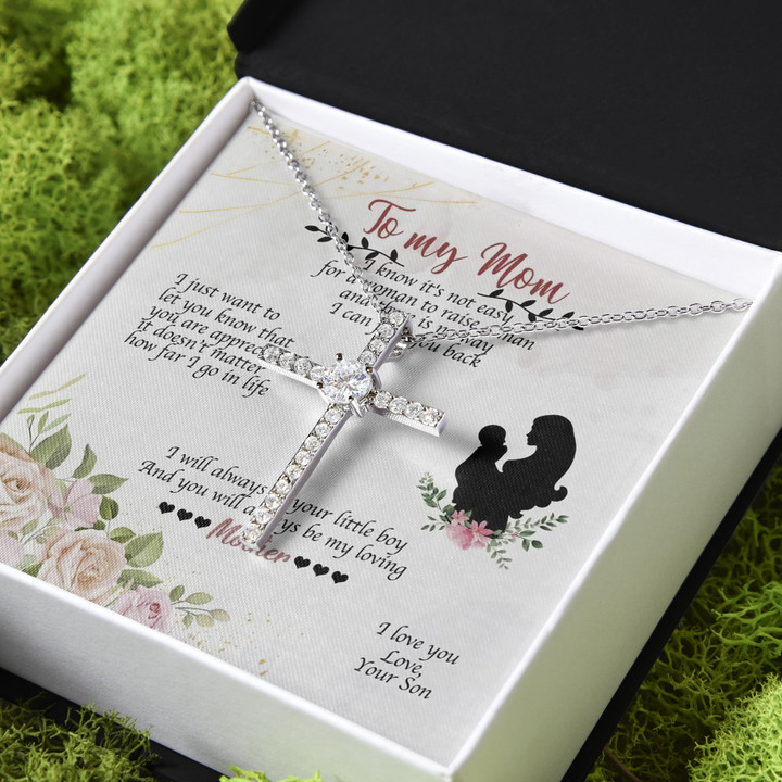 Gift For Mom I Will Always Be Your Little Boy CZ Cross Necklace