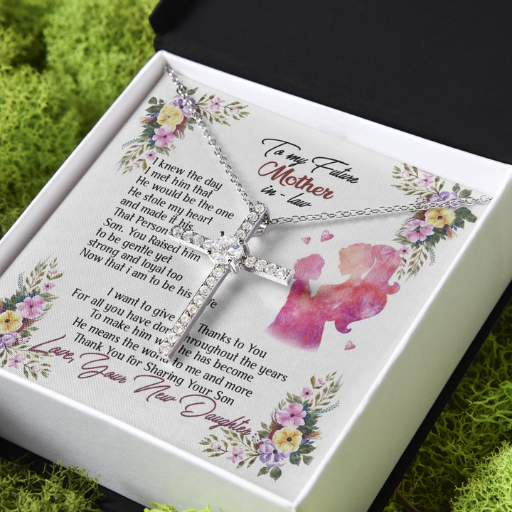 Gift For Mom Future Mother-In-Law Thank You For Sharing Your Son CZ Cross Necklace