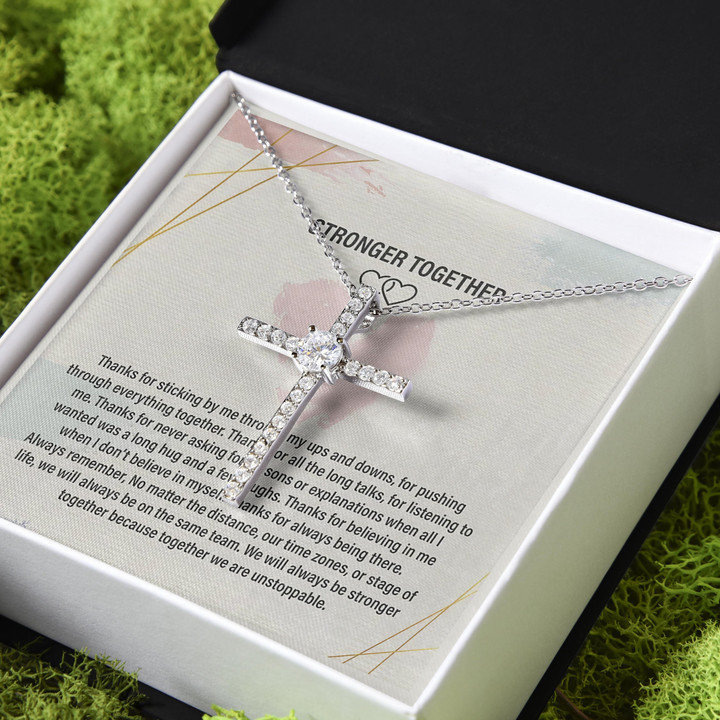 Gift For Her Stronger Together We Will Always Be Stronger Together CZ Cross Necklace
