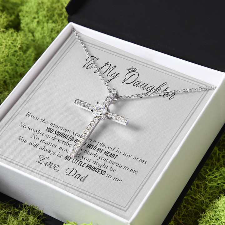 Gift For Daughter You Snuggled Right Into My Heart CZ Cross Necklace
