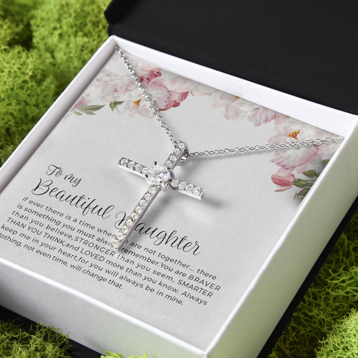 Gift For Daughter You Are Braver Than You Think CZ Cross Necklace