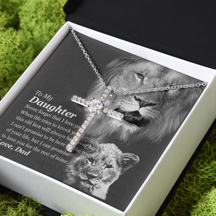 Gift For Daughter This Old Lion Will Always Have Your Back CZ Cross Necklace
