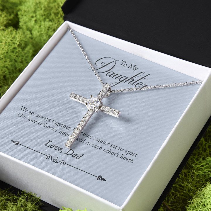 Gift For Daughter Distance Cannot Set Us Apart Dad Gift CZ Cross Necklace