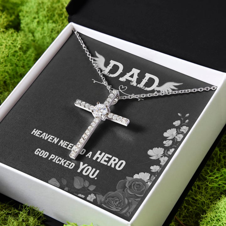 Gift For Dad Heaven Needed A Hero God Picked You For Angel Dad CZ Cross Necklace