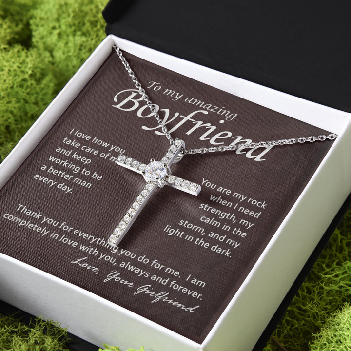 Gift For Boyfriend White Gold Boyfriend You Are My Rock CZ Cross Necklace
