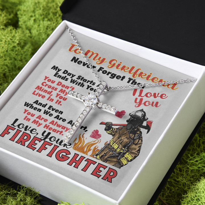 Firefighter Gift For Girlfriend Never Forget That I Love You CZ Cross Necklace