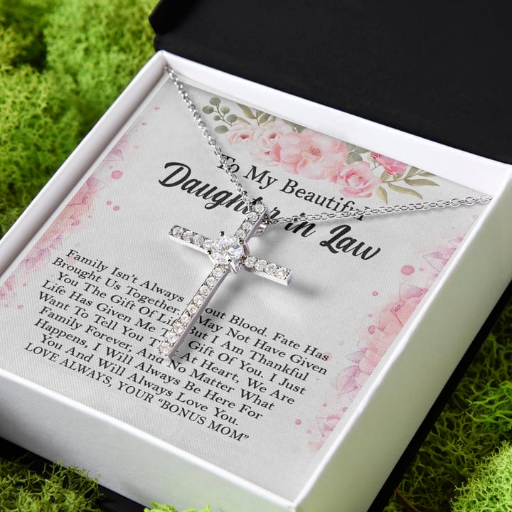Family Isn't About Blood Gift For Daughter In Law CZ Cross Necklace