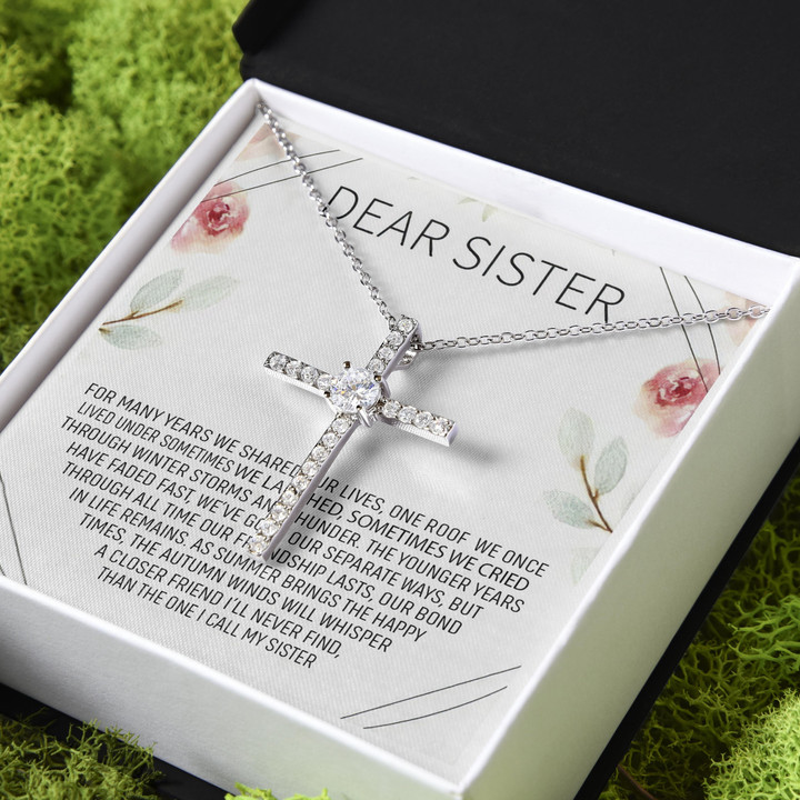 Deer Sister Gift For Sister Loving Message CZ Cross Necklace