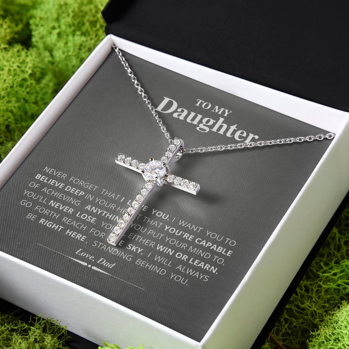 Always Be Right Here Gift For Daughter CZ Cross Necklace