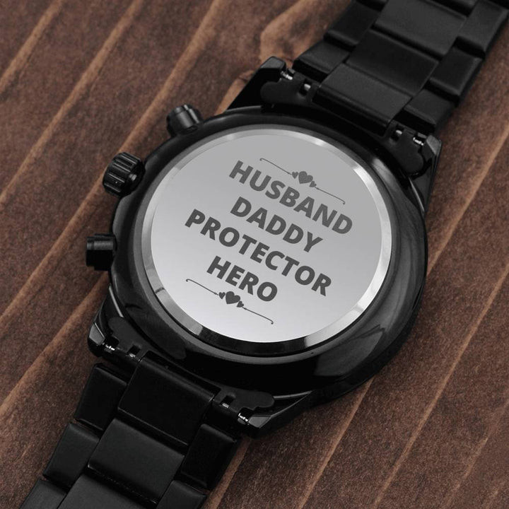 Gift For Husband Daddy Protector Hero Engraved Customized Black Chronograph Watch