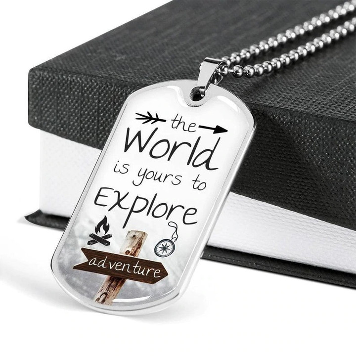 Gift For Dad The World Is Yours To Explore Adventure Dog Tag Necklace