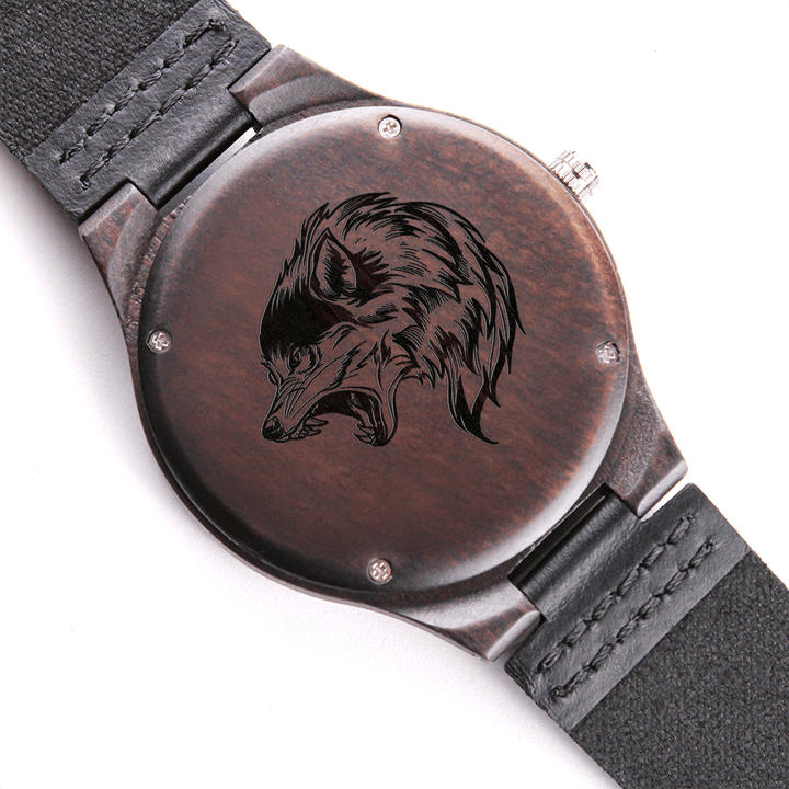 Gift For Him Gray Wolf Howling Engraved Wooden Watch