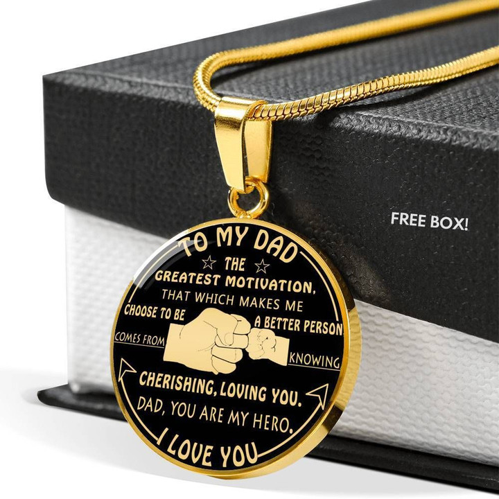 18k Gold Circle Pendant Necklace You're My Hero Gift For Dad
