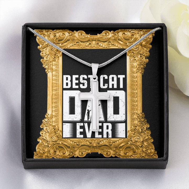 Best Cat Dad Ever Gold Giving Dad White Gold Cross Necklace