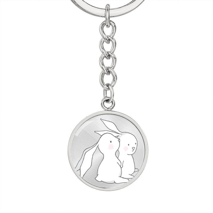 Two Baby Bunnies Circle Pendant Keychain Gift For Women