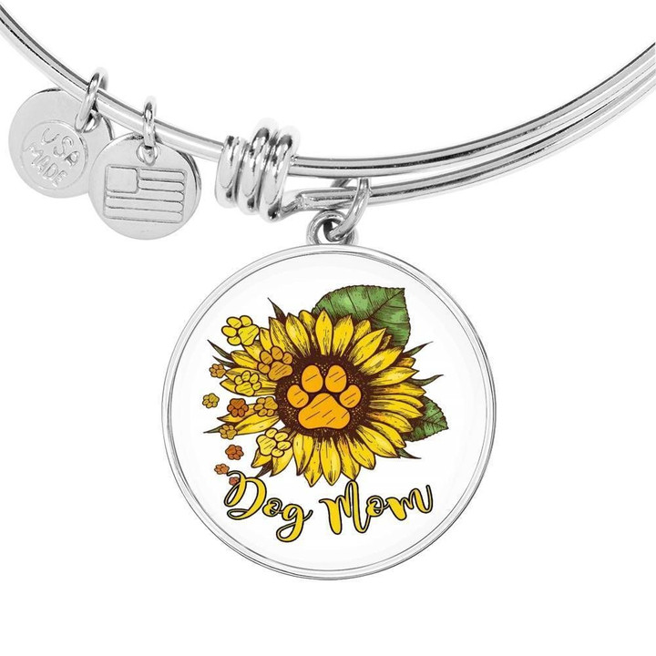 Sunflower Dog Mom Stainless Circle Pendant Bangle Bracelet Gift For Women Custom Engraving