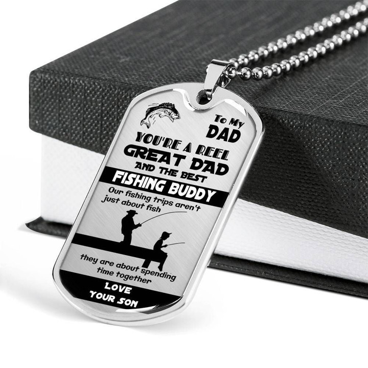 You're A Reel Great Dad Best Fishing Buddy Dog Tag Necklace Gift For Dad