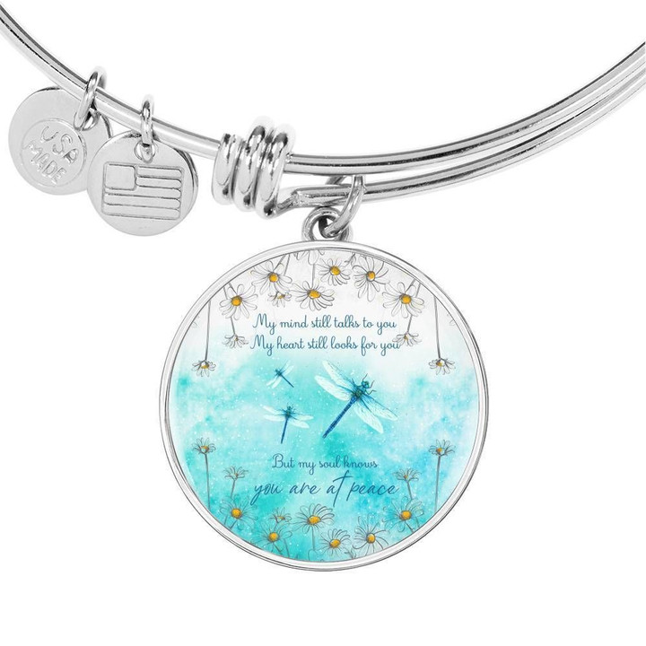 You Are At Peace Daisy Flower Blue Stainless Circle Pendant Bangle Bracelet Gift For Women Custom Engraving