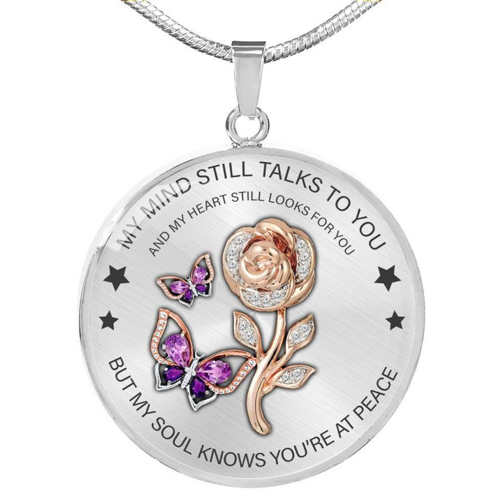 Butterfly With Rose My Mind Still Talks To You Stainless Circle Pendant Necklace Gift For Girl
