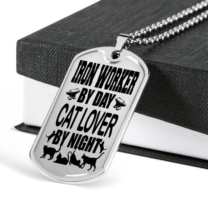 Stainless Dog Tag Pendant Necklace Gift For Iron worker Cat Lover By Night