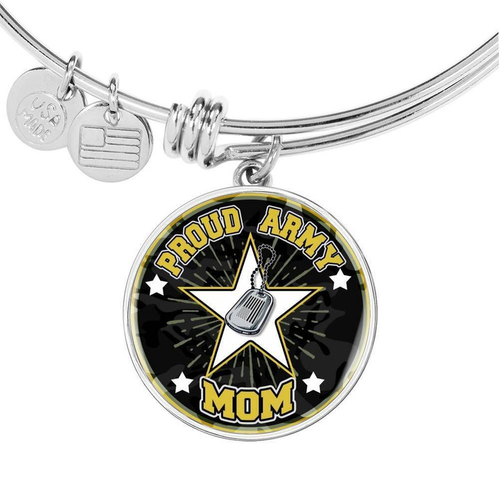 Proud Army Mom Star Stainless Circle Pendant Bangle Bracelet Gift For Women Custom Engraving