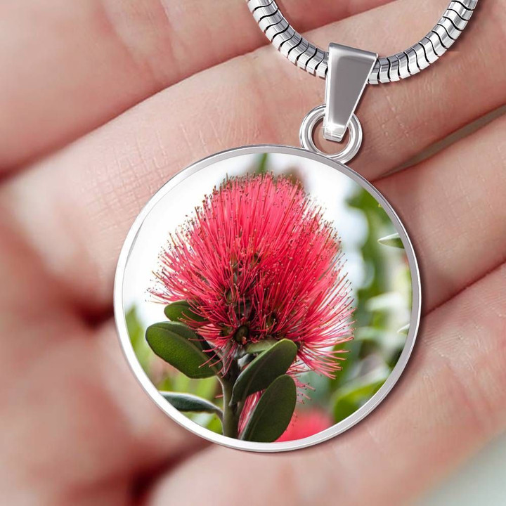 Pohutukawa Flower Stainless Circle Pendant Necklace Gift For Women