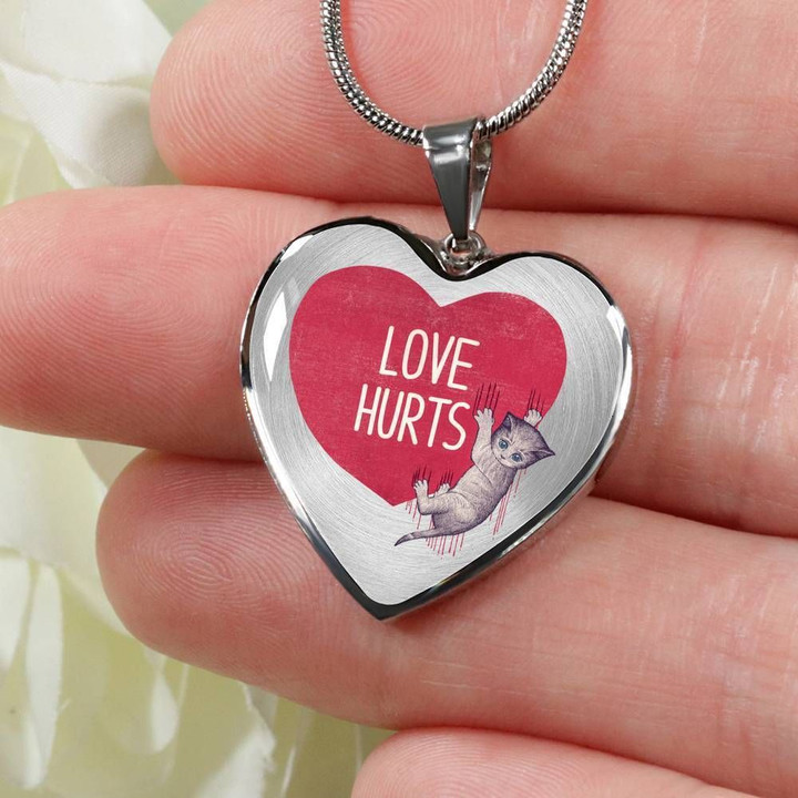 Love Hurts Funny Gift For Cat Lovers Stainless Heart Pendant Necklace