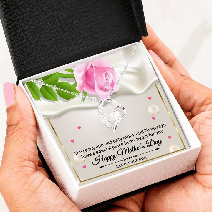 You're My One Pink Rose 14K White Gold Forever Love Necklace Gift For Mom Mama
