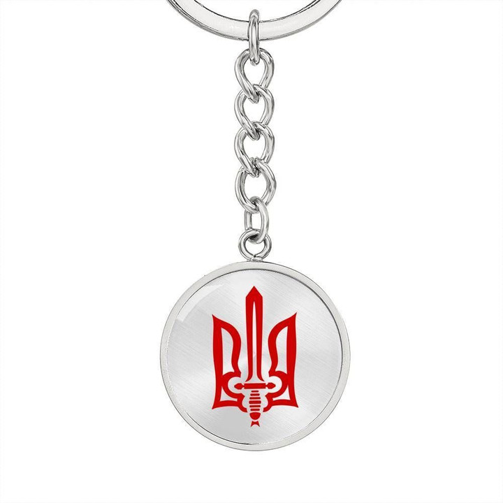Stylized Tryzub Red Stainless Circle Pendant Keychain Gift