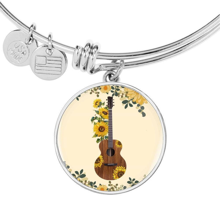 Sunflower Guitar Stainless Circle Pendant Bangle Bracelet Gift For Guitar Lovers Custom Engraving