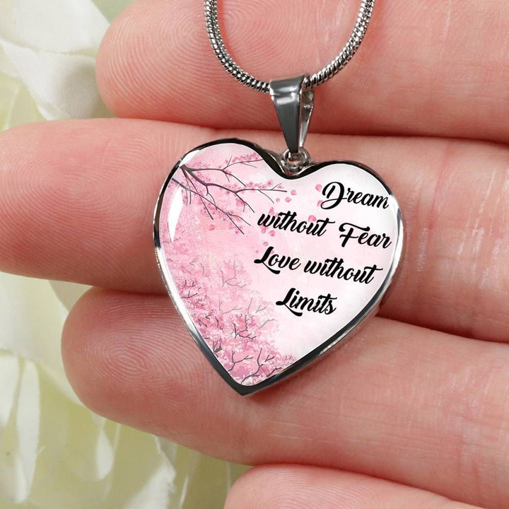 Sakura Dream Without Fear Love Without Limits Stainless Heart Pendant Necklace Gift For Girl