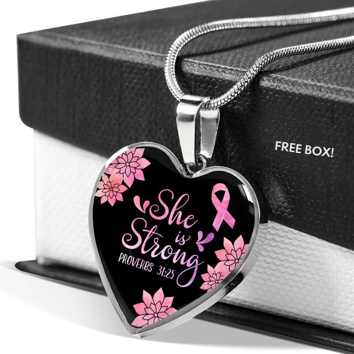 She Is Strong Gift For Cancer Girl Stainless Heart Pendant Necklace