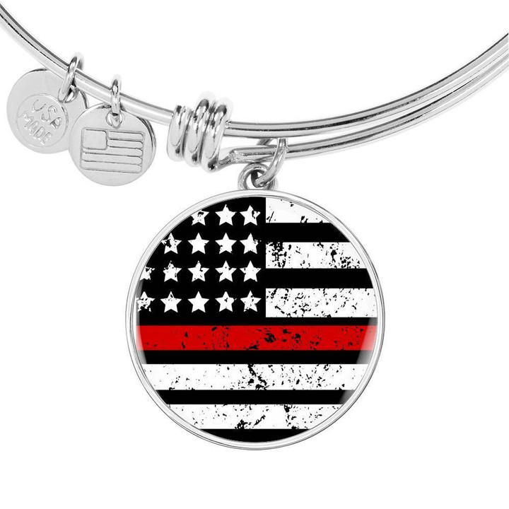 Thin Red Line American Flag Stainless Circle Pendant Bangle Bracelet Gift For American People Custom Engraving