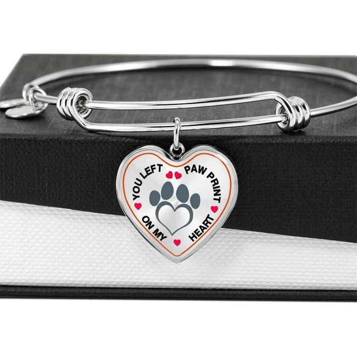 You Left Paw Print Stainless Heart Adjustable Bangle Gift For Dog Lovers Custom Engraving