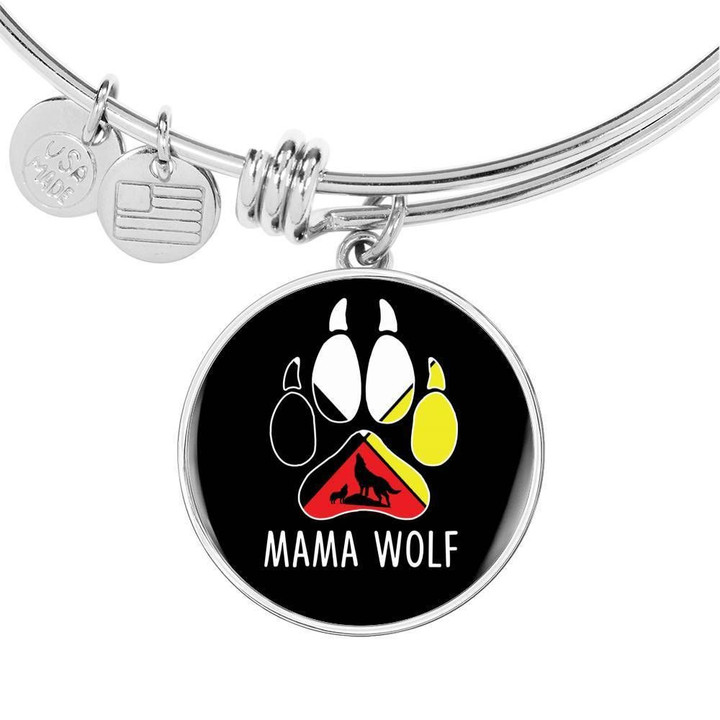 Mama Wolf Wild Life Stainless Circle Pendant Bangle Bracelet Gift For Women Custom Engraving