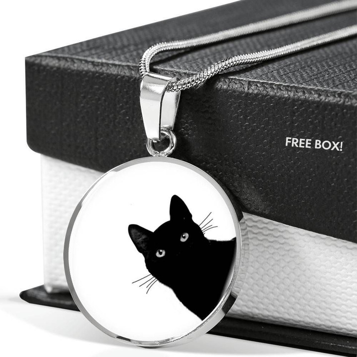 Peeking Black Cat Stainless Circle Pendant Necklace Gift For Women