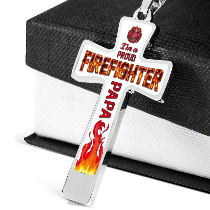 Proud Firefighter Papa Fire Cross Pendant Necklace Gift For Dad