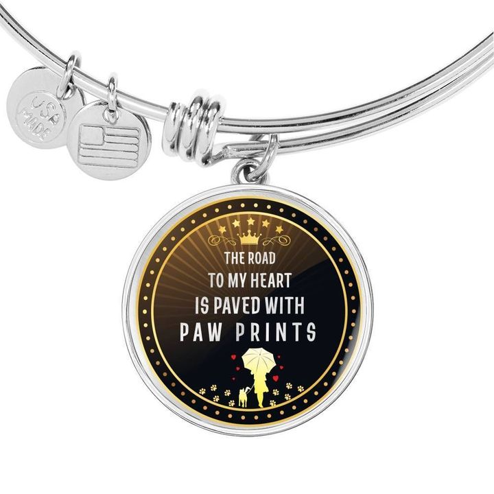 My Heart Is Paved With Paw Prints Circle Pendant Bangle Bracelet Gift For Women
