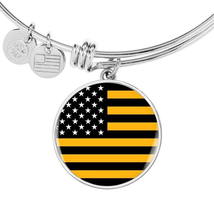 Usa Flag Black And Yellow Gift For Men Stainless Circle Pendant Bangle Bracelet