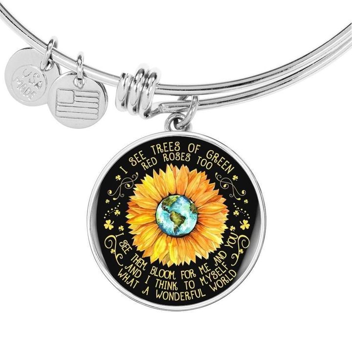 I See Trees Of Green Sunflower Stainless Circle Pendant Bangle Bracelet Gift For Women