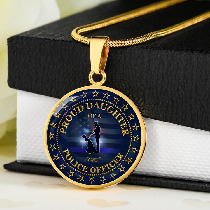 Proud Daughter Of A Police Officer 18K Gold Circle Pendant Necklace Gift For Dad