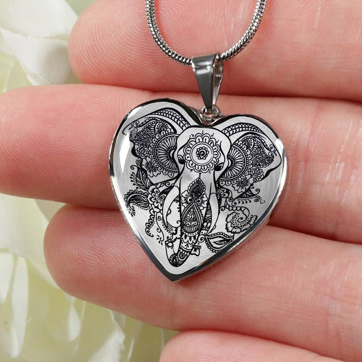 Mandala Elephant Stainless Heart Pendant Necklace Gift For Elephant Lovers
