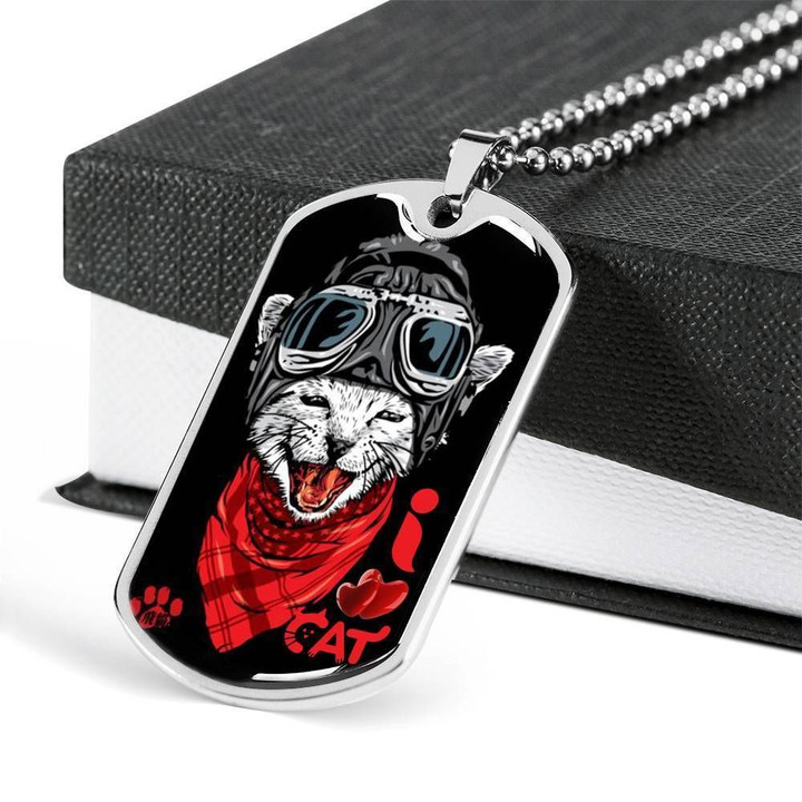 Pilot Cat With Red Scarf Stainless Dog Tag Pendant Necklace Gift For Cat Lovers