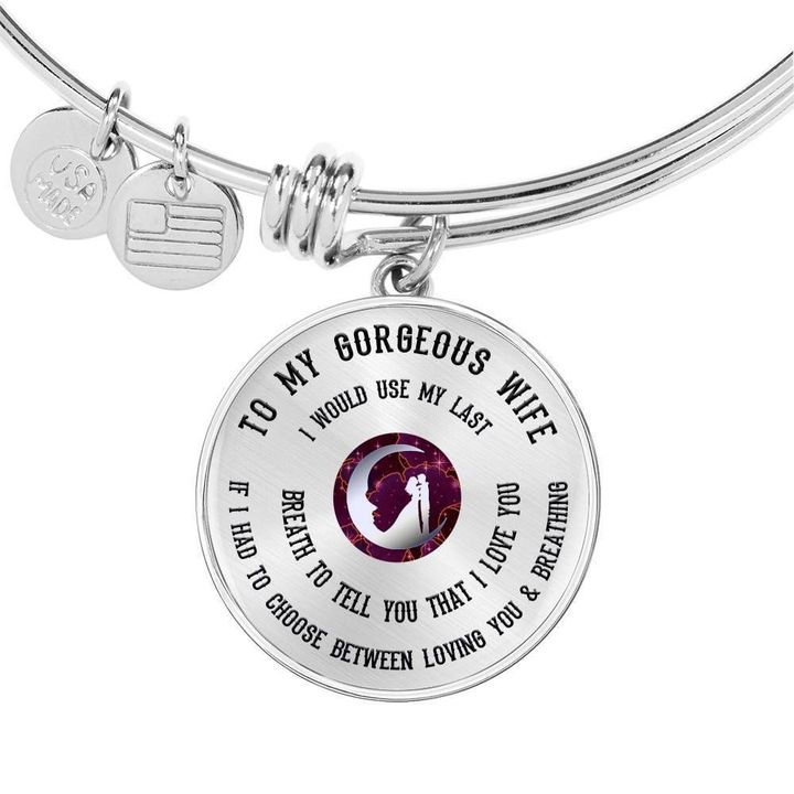 Gift For Wife Loving You And Breathing Stainless Circle Pendant Bangle Bracelet