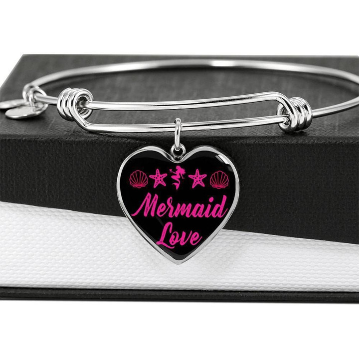 Pink Mermaid Love Gift For Mermaid Lovers Stainless Heart Adjustable Bangle