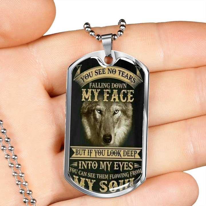 You See No Tears Wolf Stainless Dog Tag Pendant Necklace Gift For Men