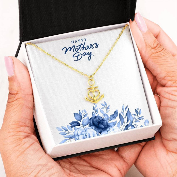 Happy Mother's Day Blue Flower 18K Gold Anchor Necklace Gift For Women