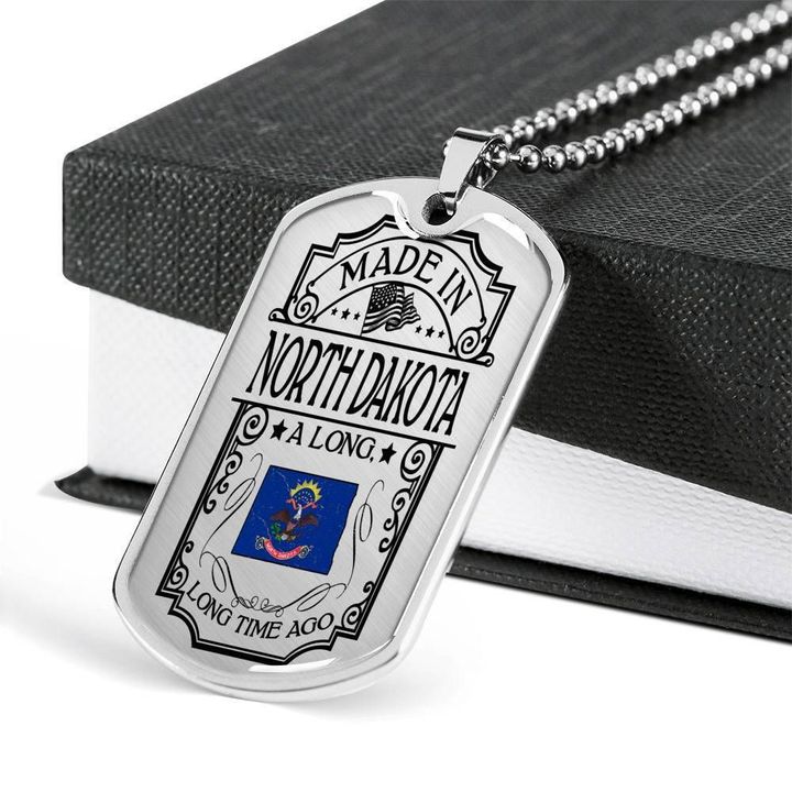 Made In North Dakota Long Time Ago Gift For Men Stainless Dog Tag Pendant Necklace