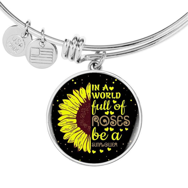 A World Full Of Rose Sunflower Stainless Circle Pendant Bangle Bracelet Gift For Women