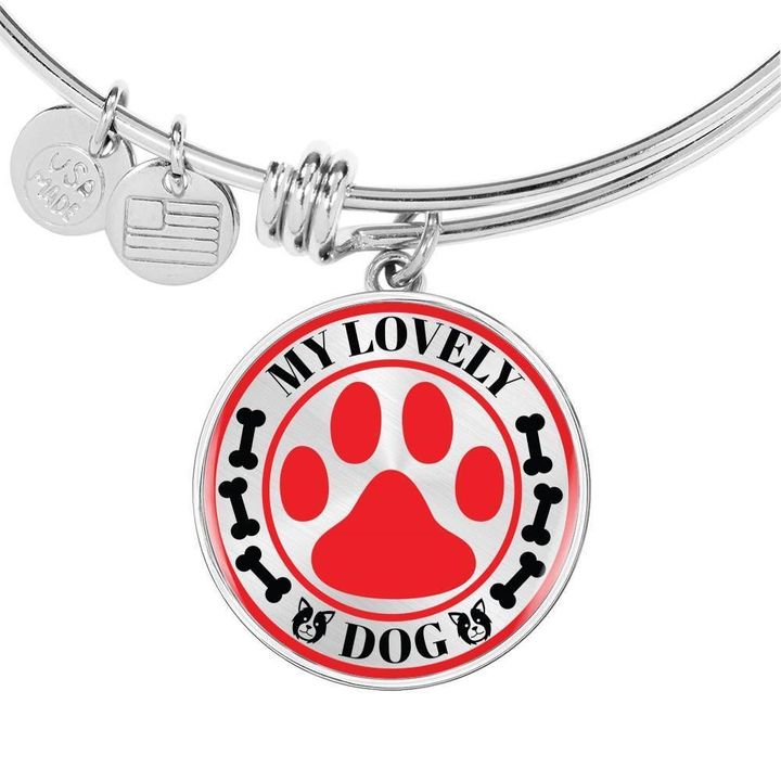 My Lovely Dog Red Dog Paw Circle Pendant Bangle Bracelet Gift For Women